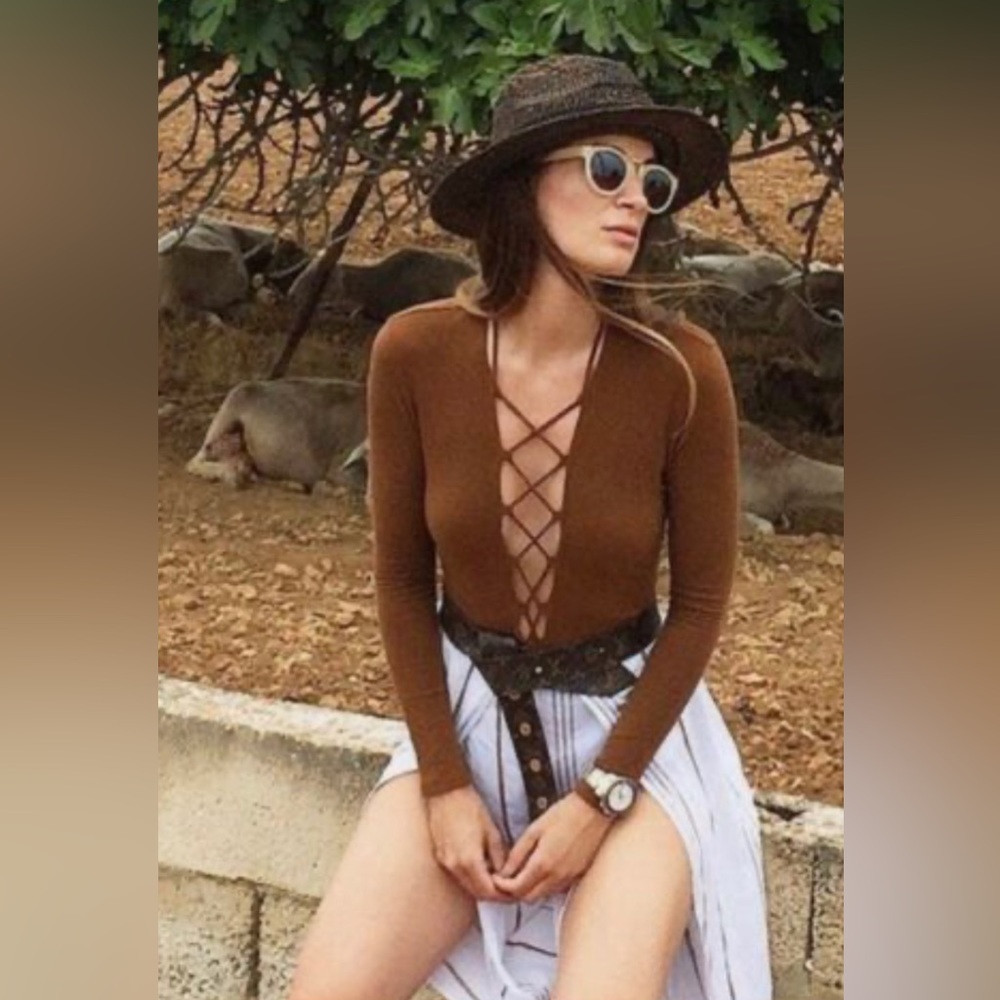 Reformation Brown Lace-Up Long Sleeve Bodysuit